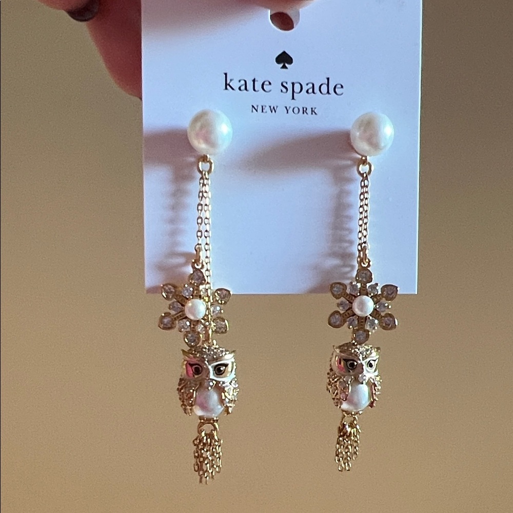 Kate Spade Gold and Pearl Owl Drop Earrings